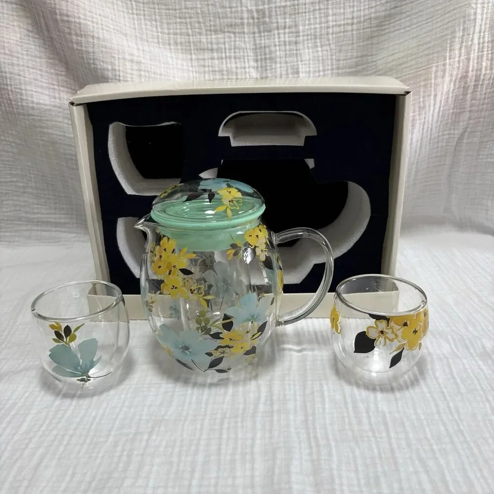 Vintage Cypress Refresh Glass Teapot Infuser 2 Double Wall Cups HandPainted NIOB